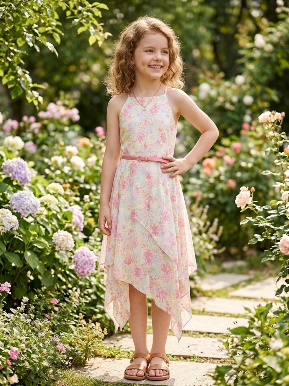 GB girls Pastel Floral Handkerchief Hem Dress with Pink Belt